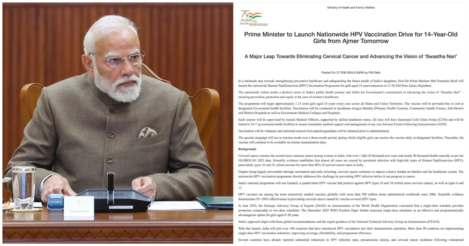 Prime Minister Narendra Modi Launches Nationwide HPV Vaccination Drive for 14-Year-Old Girls